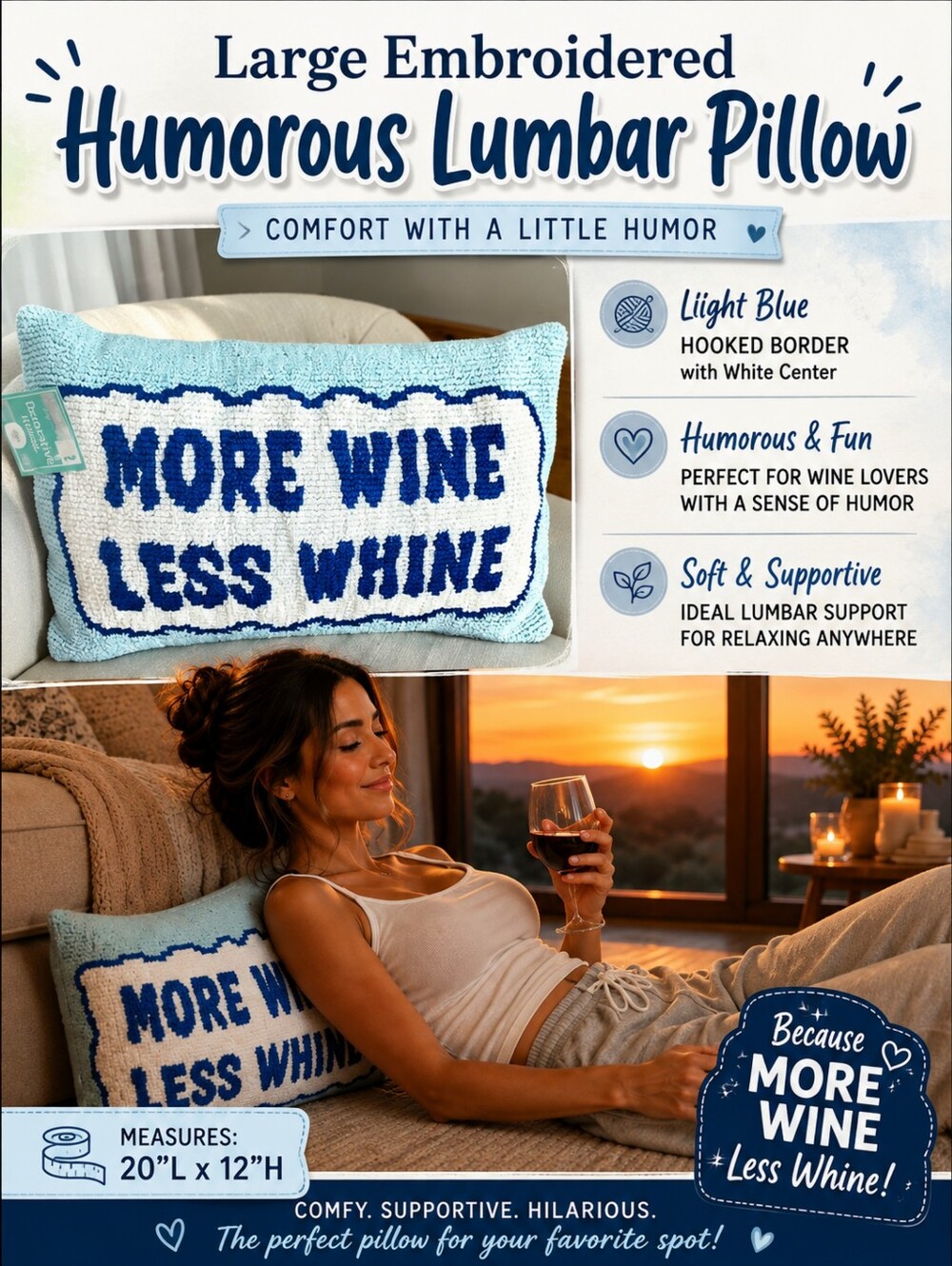 "More Wine Less Wine" Large Embroidered Humorous Lumbar Pillow NWT